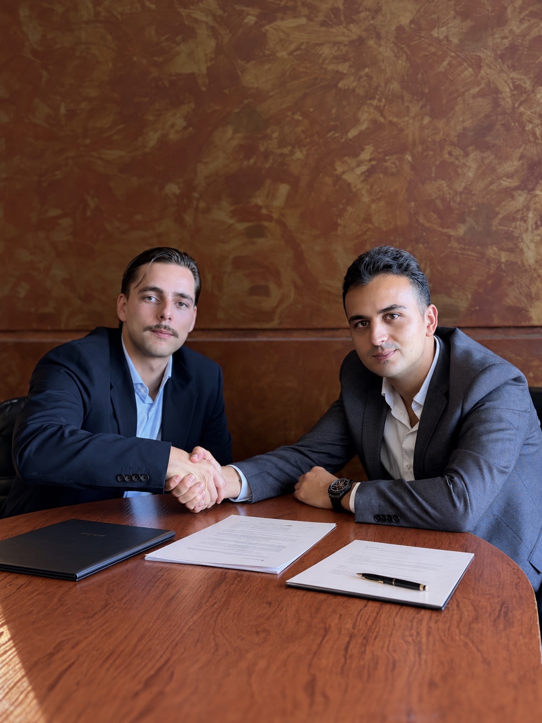 Miguel y Aleix formalizando un acuerdo empresarial